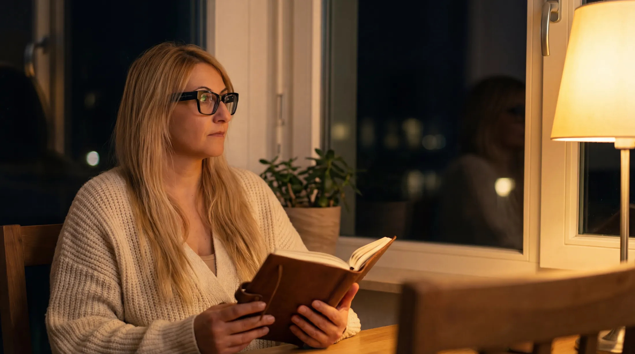 Melania reading by lamplight in the evening